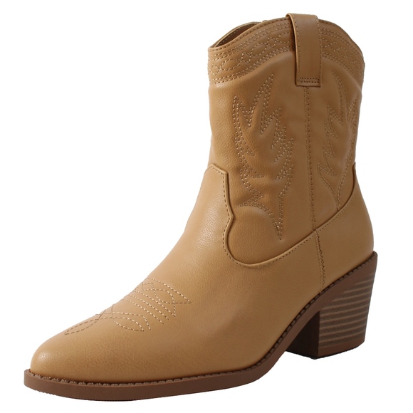 Blond Faux Leather Cowboy Pull On Mid Calf Boot - Picture 2 of 7